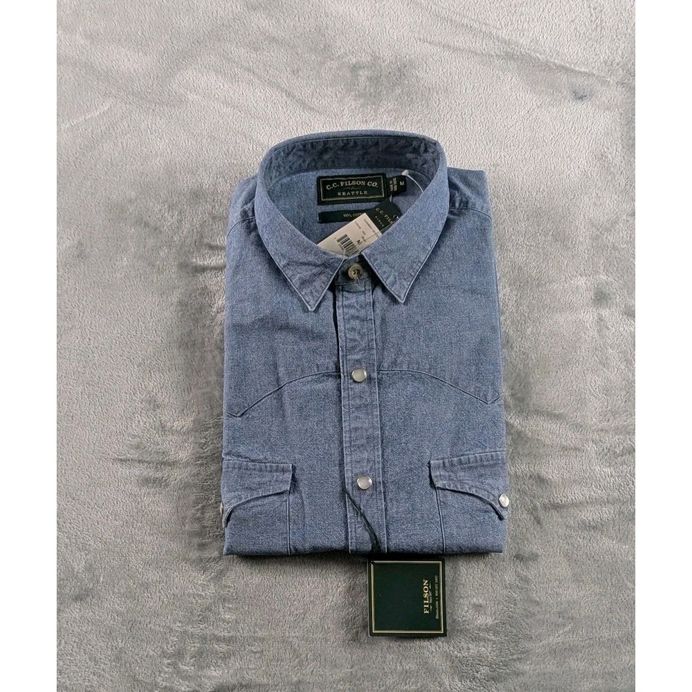 Filson Chambray Western Shirt Mens Medium Blue Pearl Snap Long Sleeve Preppy